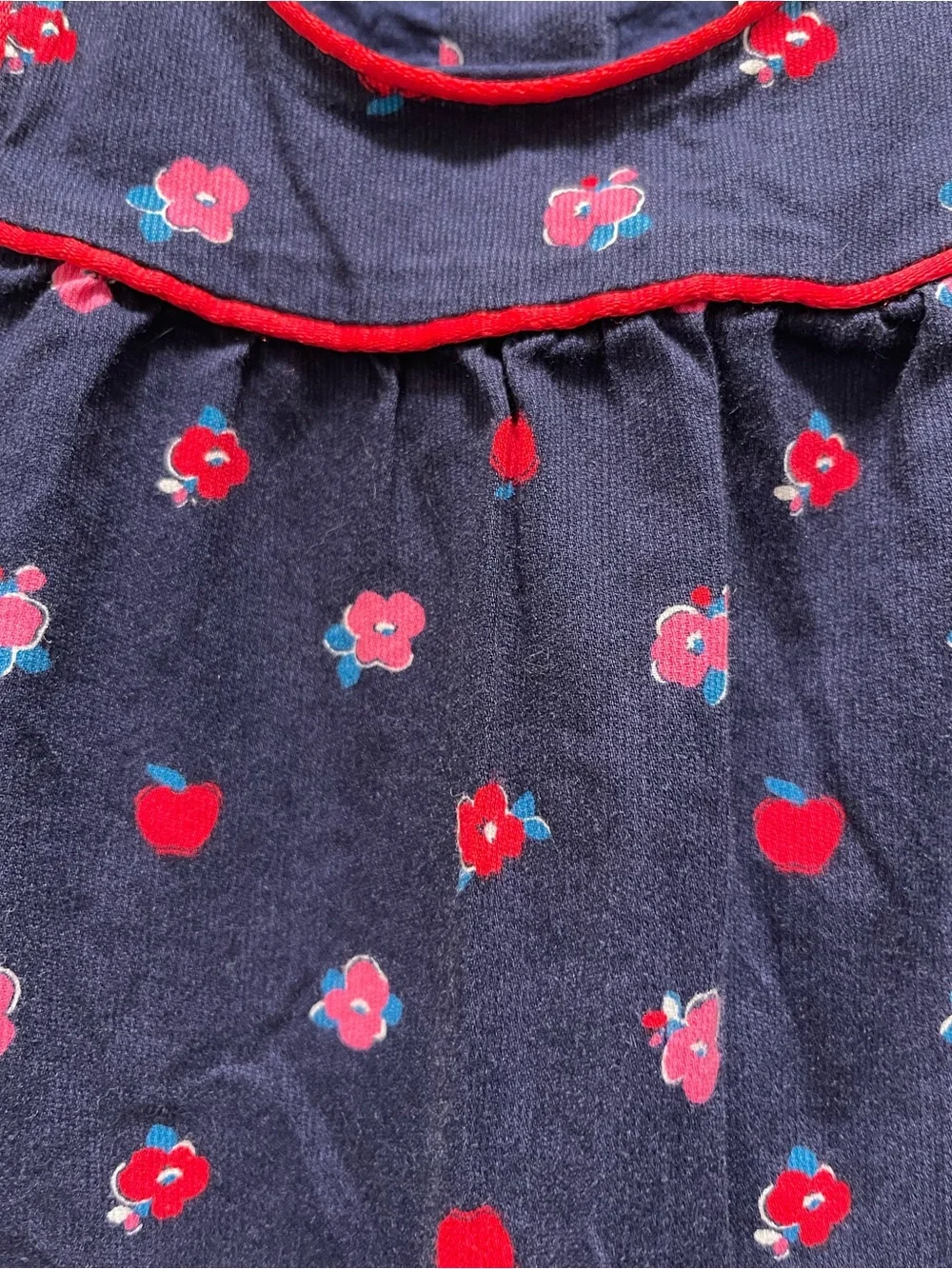 Vintage Gymboree 6-12M Baby Girl Navy Corduroy Floral Apple Overalls Romper